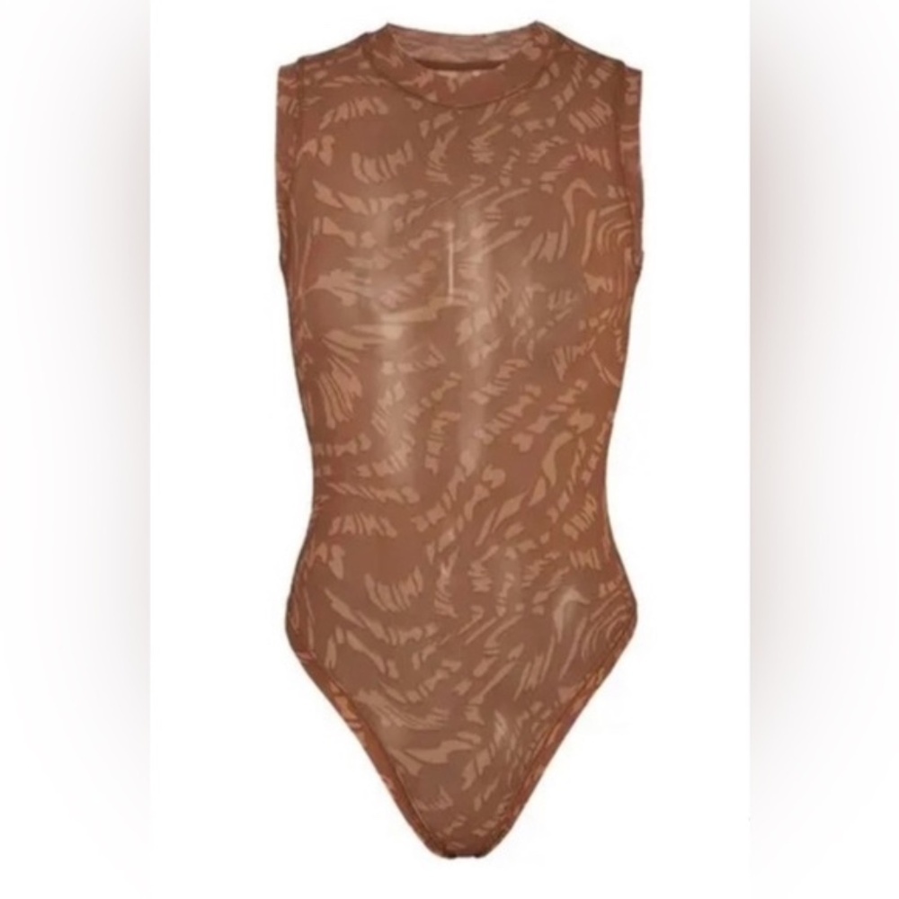 SKIMS Summer Mesh Mock Neck Bodysuit in Latte Swirl Size Small